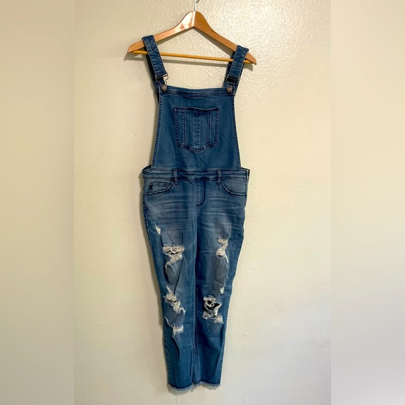 KanCan Denim Overalls Distressed Side Zipper Whiskering Stretch Medium‎ Wash S - Picture 1 of 10